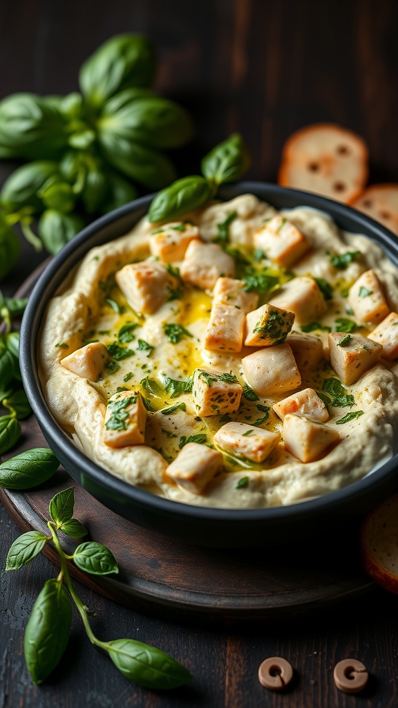 A creamy pesto chicken and mozzarella dip garnished with chicken chunks and fresh basil