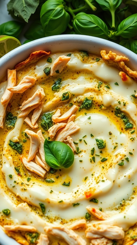 A creamy pesto chicken and mozzarella dip garnished with basil and shredded chicken.