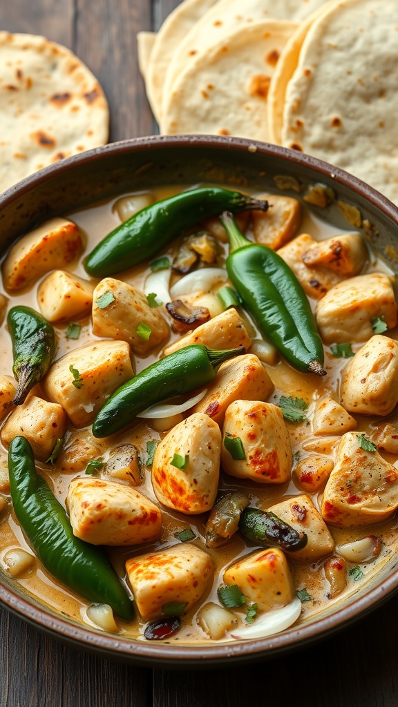 A bowl of creamy poblano chicken with pieces of chicken and green peppers, served with tortillas