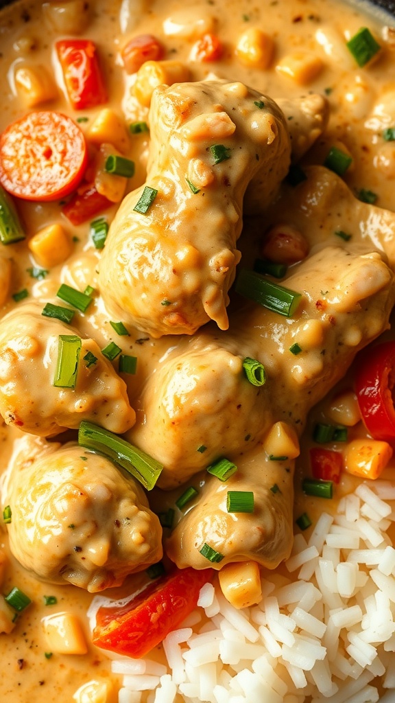 Creamy Pollo Con Crema served with rice, featuring chicken in a rich sauce with vegetables.