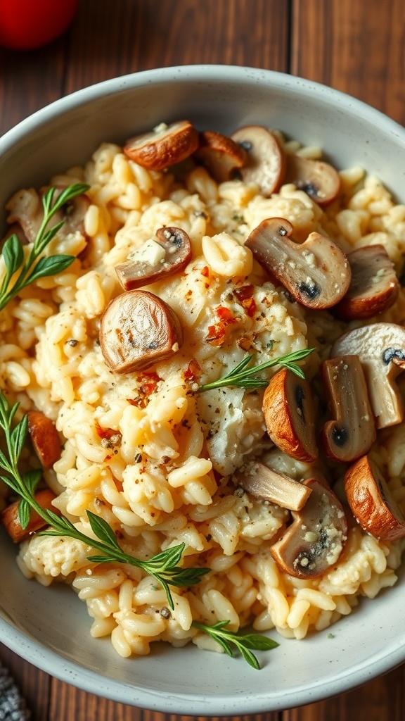 A bowl of creamy chicken and mushroom risotto topped with herbs and mushrooms