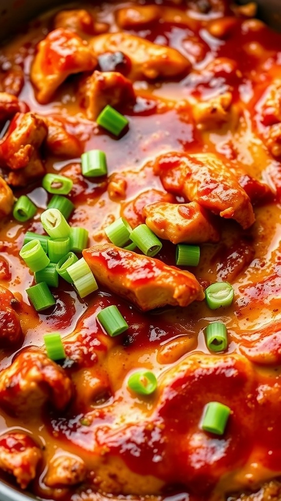 A creamy slow cooker BBQ chicken dip with chicken pieces and green onions on top