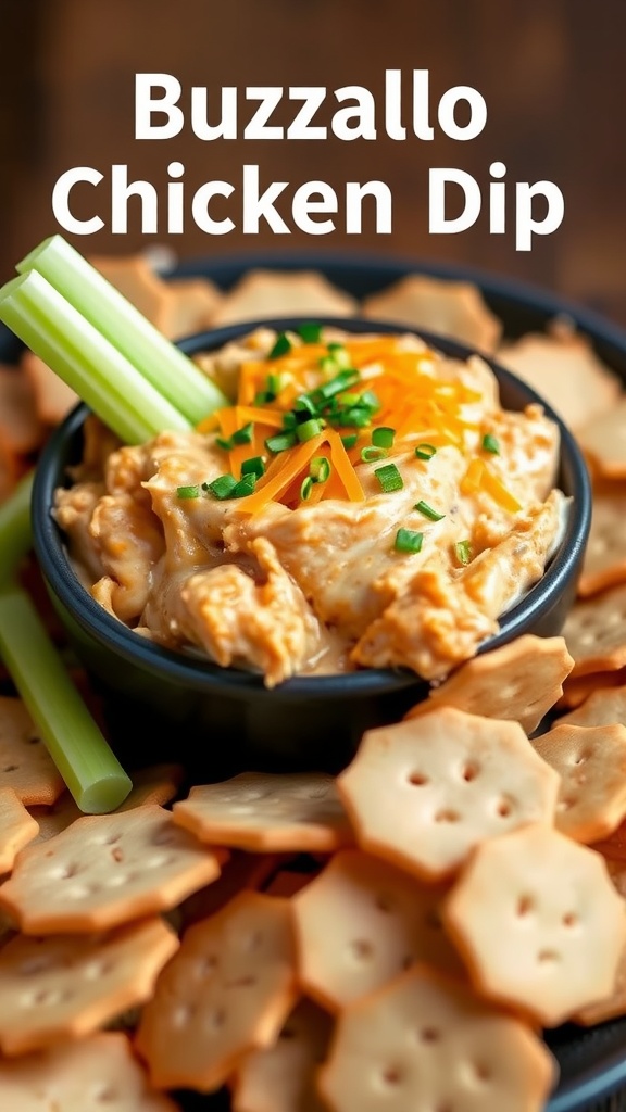 A bowl of creamy buffalo chicken dip with celery sticks and surrounding crackers