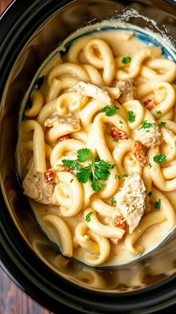 Creamy Slow Cooker Chicken Alfredo Pasta with chicken pieces and herbs