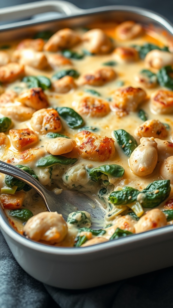 A creamy spinach and artichoke chicken casserole in a baking dish with a spoon