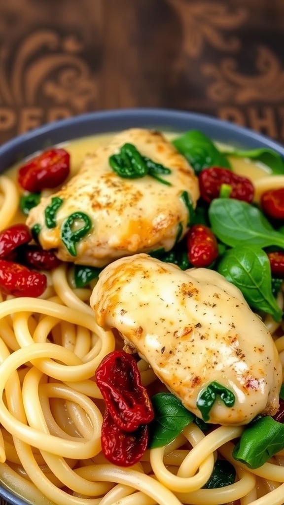 Plate of creamy Tuscan garlic chicken served over pasta with spinach and sun-dried tomatoes.