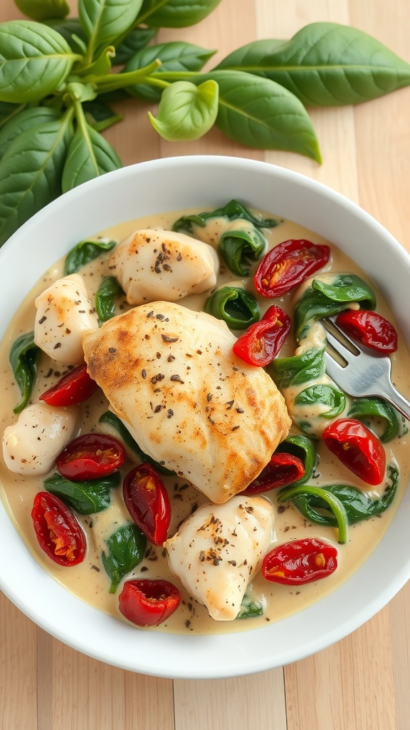 A bowl of creamy Tuscan garlic chicken featuring spinach and sun-dried tomatoes, garnished with fresh herbs.