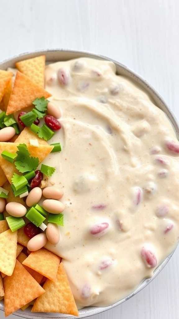 Creamy white chicken chili dip served with tortilla chips, topped with beans, cilantro, and green onions.