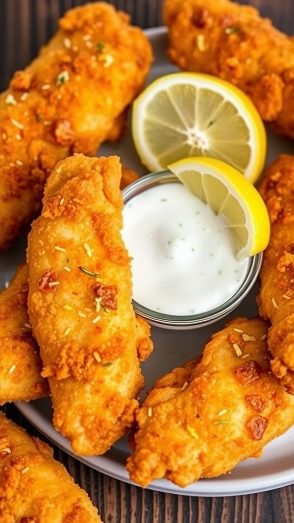 Crispy air-fried lemon pepper chicken tenders served with lemon wedges and dipping sauce.