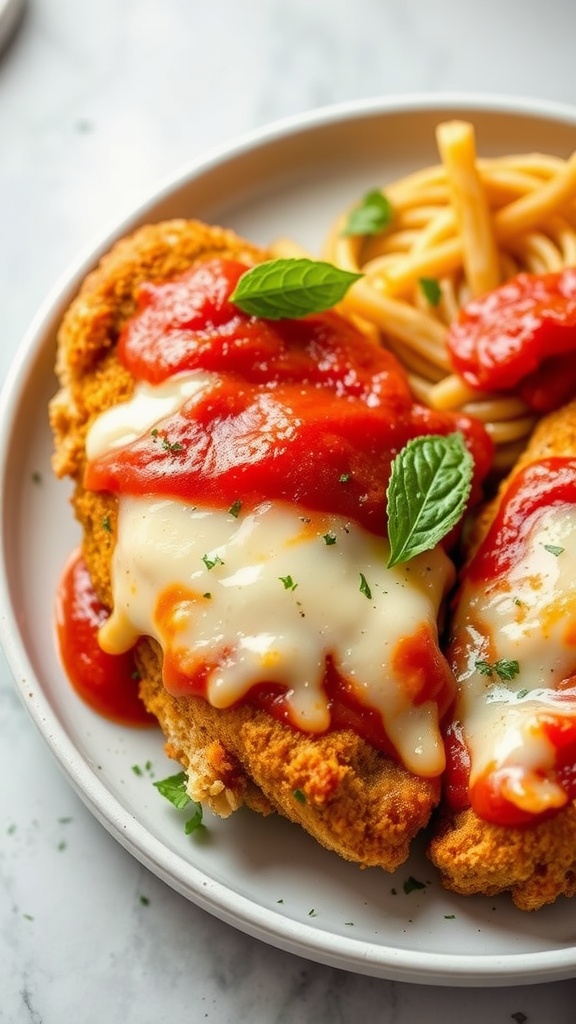 Plate of Crispy Air Fryer Chicken Parmesan with spaghetti and marinara sauce