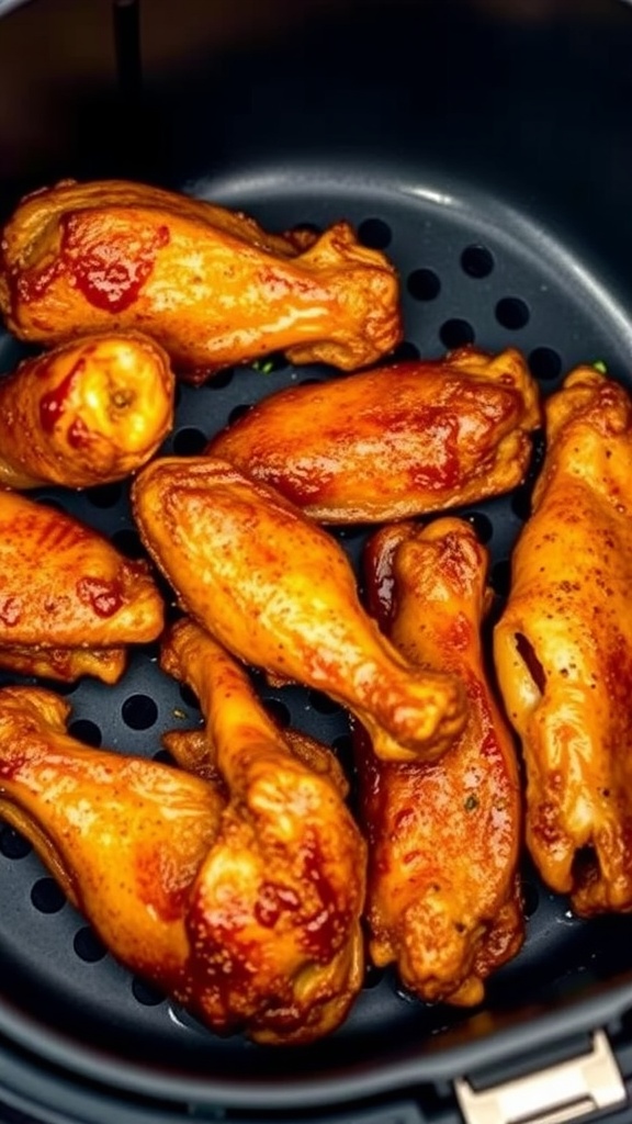 Crispy chicken wings in an air fryer basket