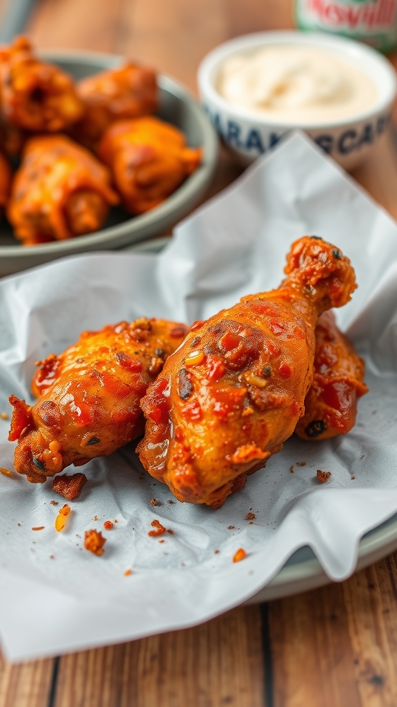 Crispy Nashville hot chicken with spicy sauce on parchment paper