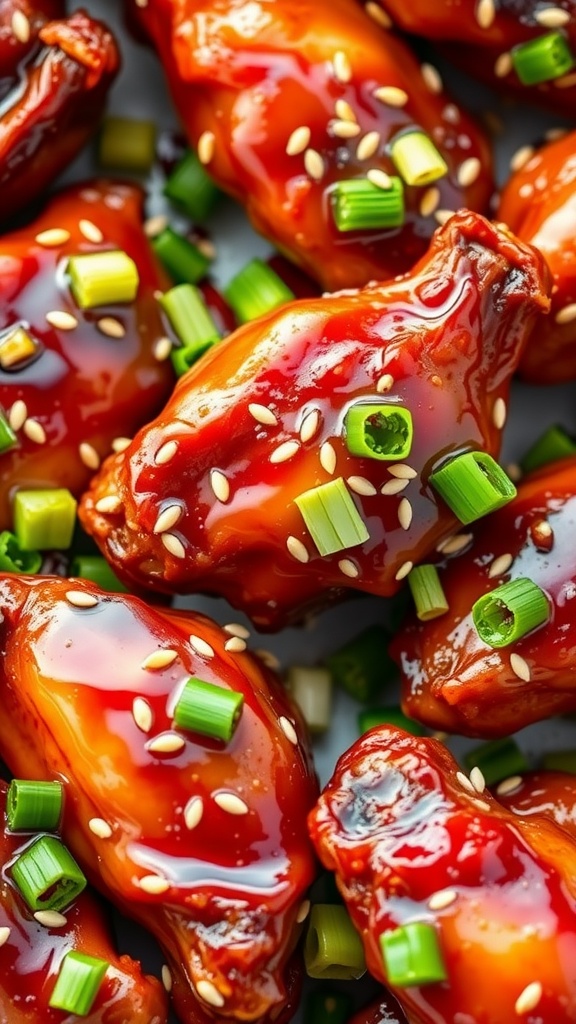 A close-up of crispy air fryer sticky Asian soy sauce wings topped with sesame seeds and green onions.