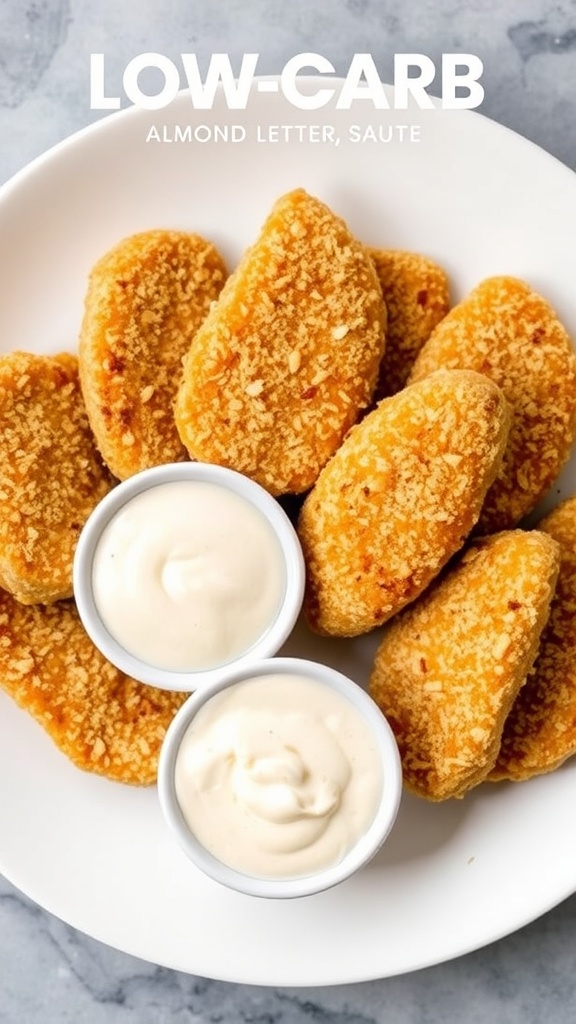 A plate of crispy almond flour crusted chicken tenders with dipping sauces