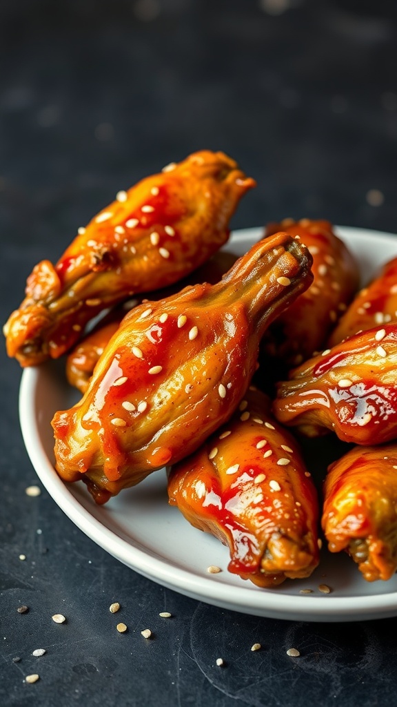 A plate of crispy Asian sesame air fryer chicken wings coated in a shiny glaze and sprinkled with sesame seeds.