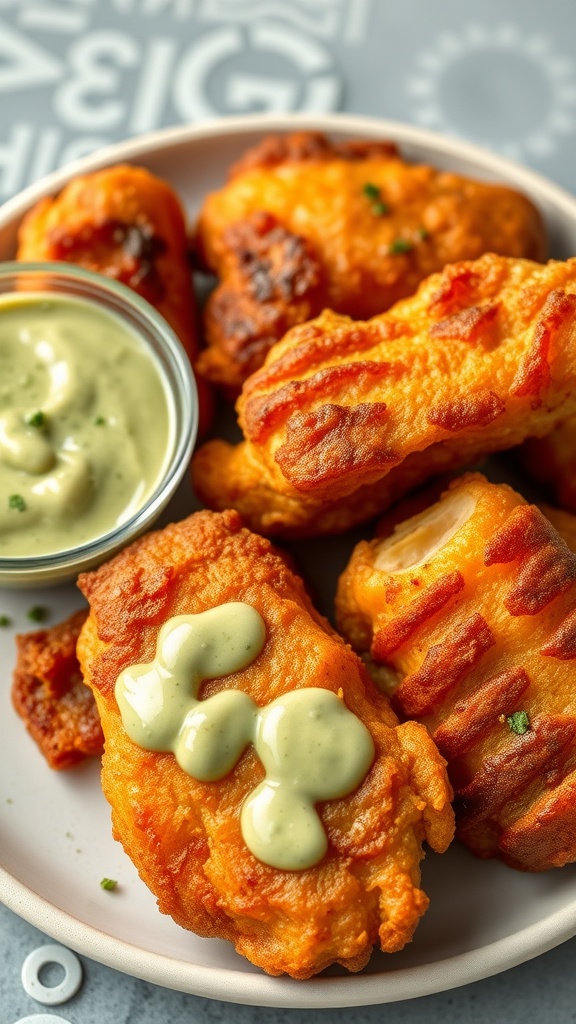 Crispy avocado oil marinated chicken tenders with a creamy sauce