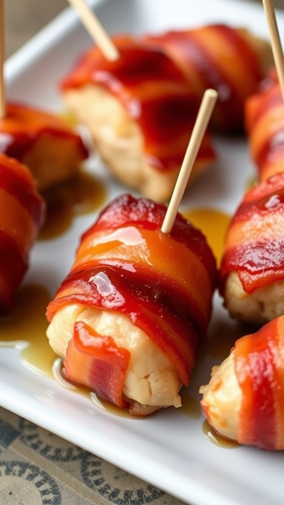 Crispy bacon-wrapped chicken bites with maple glaze on a plate