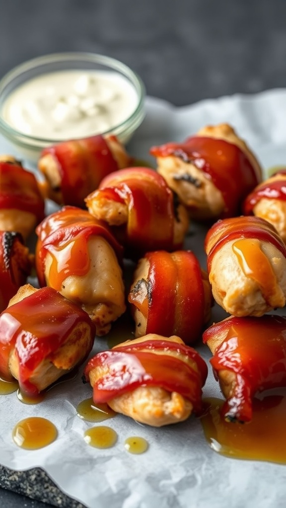 A plate of crispy bacon-wrapped chicken bites with a sweet glaze and a side of dipping sauce.