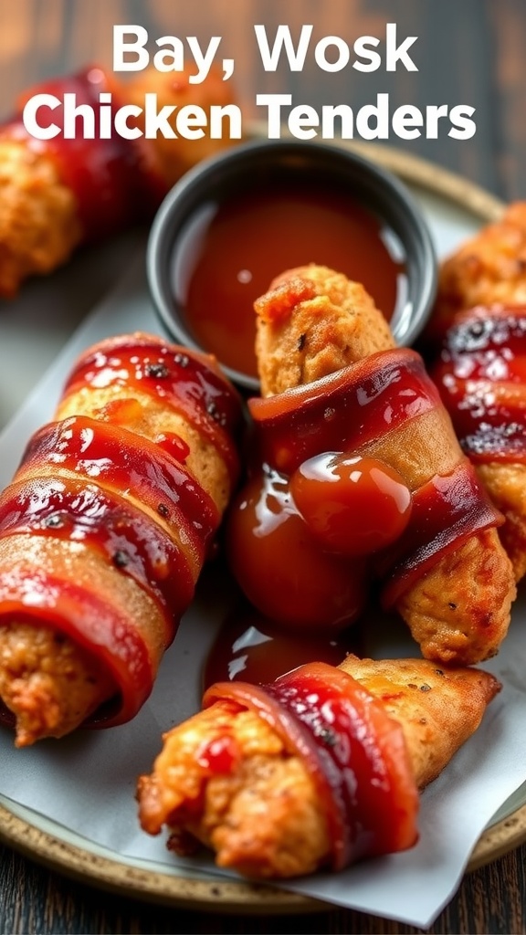 Crispy bacon-wrapped chicken tenders served with ketchup.