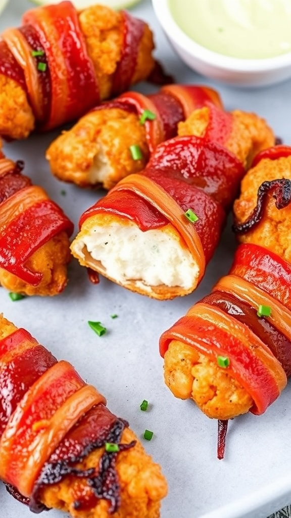 Crispy bacon-wrapped chicken tenders on a plate