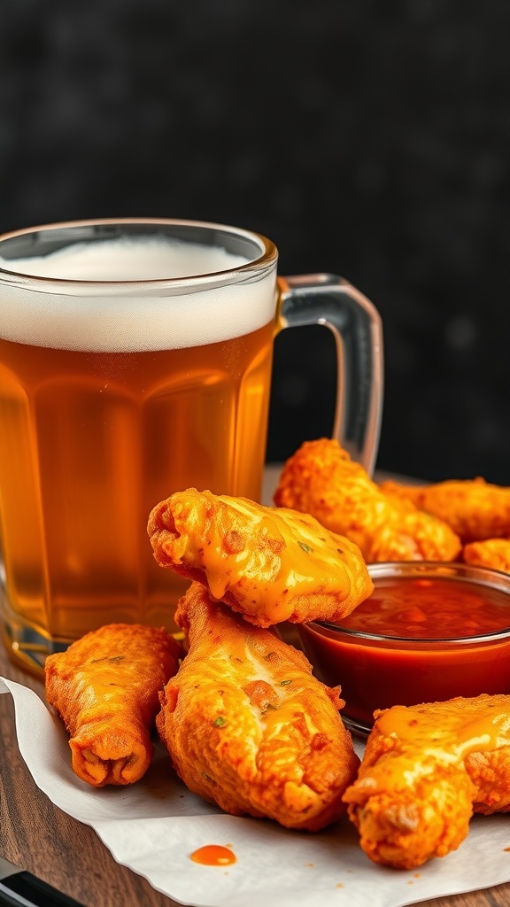 Crispy beer-battered chicken wings served with a dipping sauce and a frosty beer.