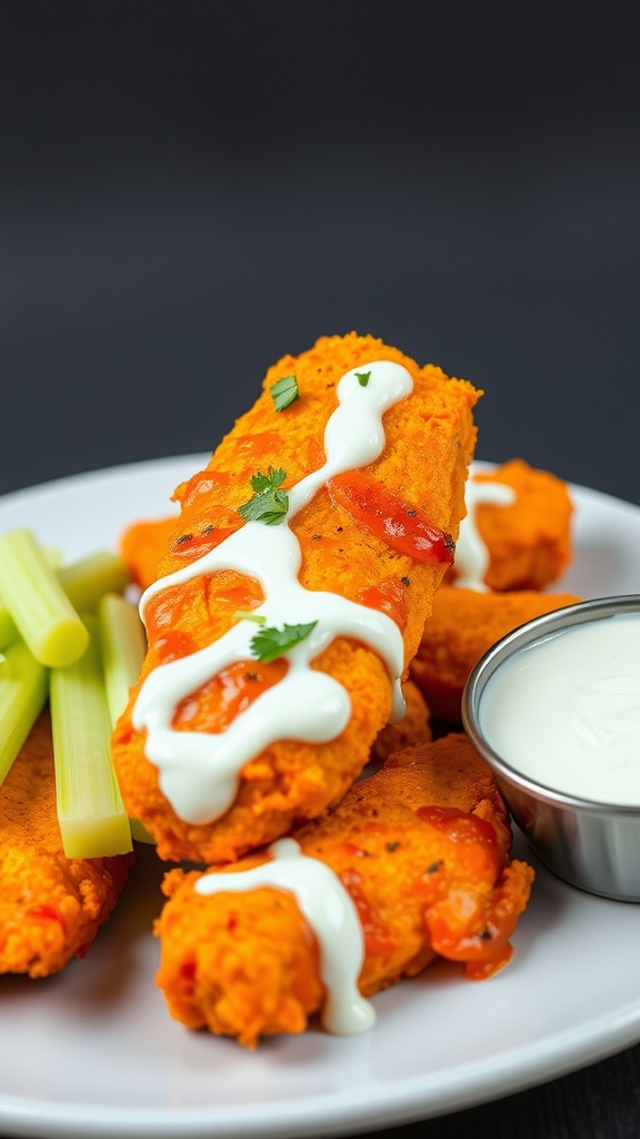 Crispy Buffalo Ranch Chicken Tenders served with celery sticks and ranch dressing