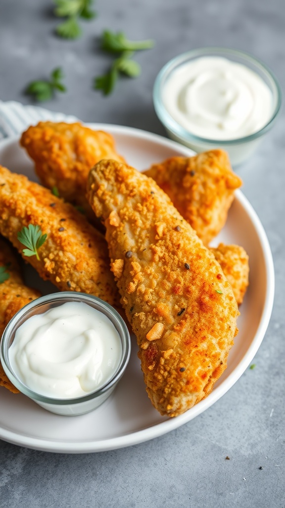 A plate of crispy buttermilk ranch chicken tenders with ranch dip