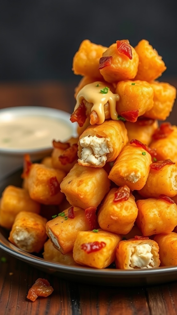 A stack of crispy chicken and bacon tater tot bites served with cheese sauce