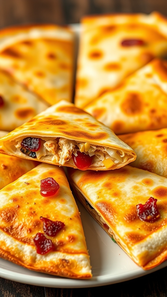 A plate of crispy chicken bacon quesadilla bites, golden brown and cut into triangles with visible fillings.