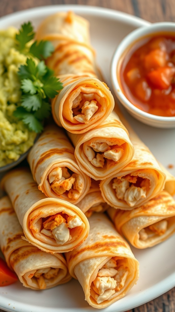 A plate of crispy chicken flautas with guacamole and salsa