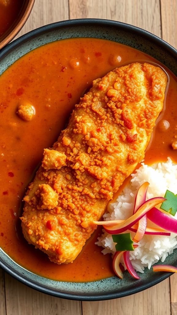 A bowl of crispy chicken katsu curry served with rice and pickled vegetables