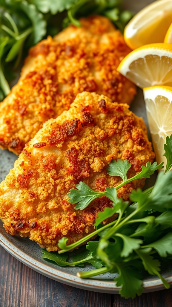 A plate of crispy chicken milanese with lemon wedges and fresh herbs.