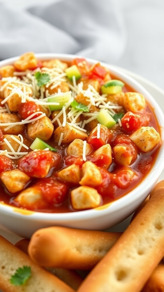 A bowl of Chicken Parmesan Dip with crunchy breadsticks on the side.