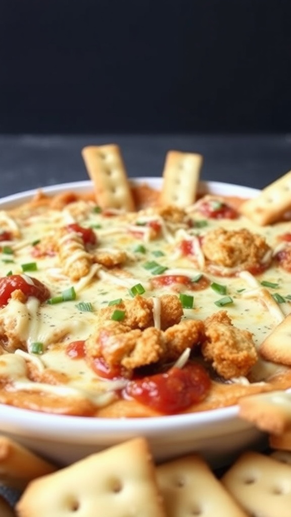 A bowl of crispy chicken parmesan dip topped with melted cheese and served with crackers.