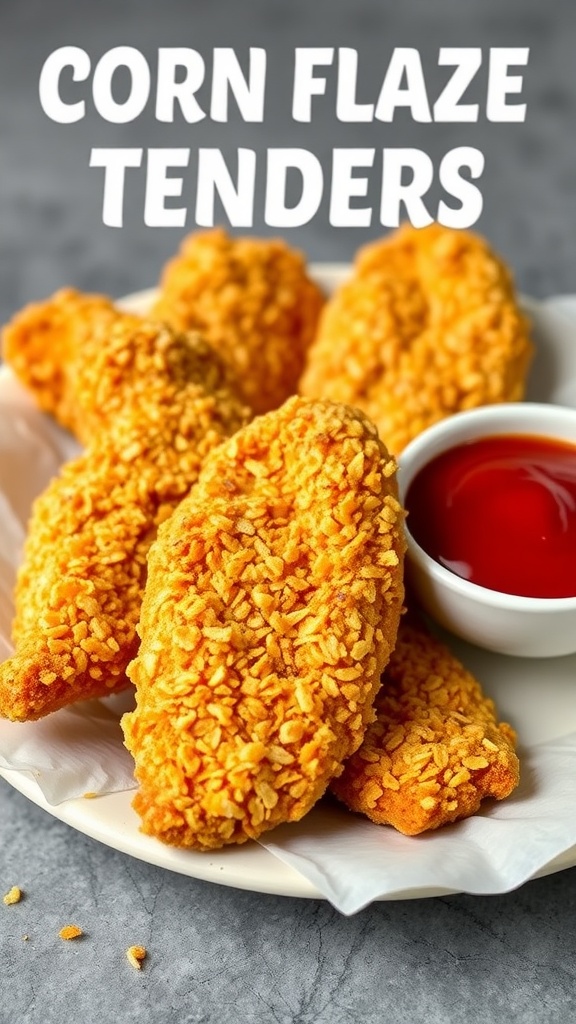 Crispy cornflake crusted chicken tenders with a side of dipping sauce