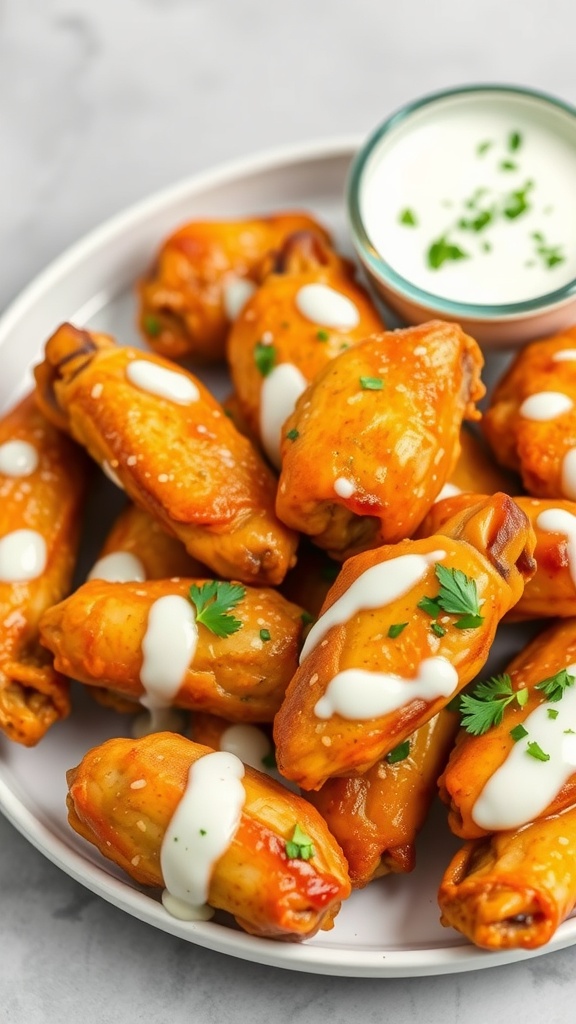 A plate of crispy garlic butter ranch chicken wings drizzled with ranch dressing and garnished with parsley.