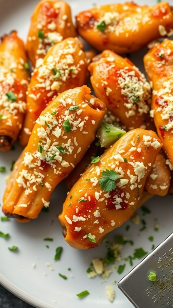 Crispy Garlic Parmesan Herb Wings garnished with herbs and cheese on a plate