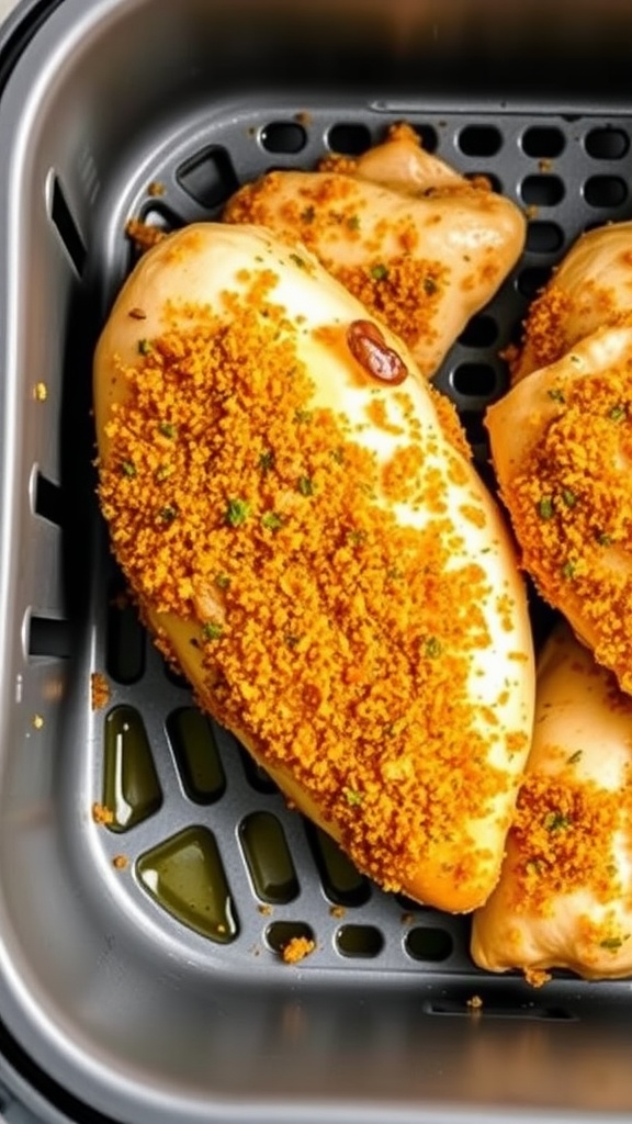 Crispy herb crusted chicken breasts in an air fryer