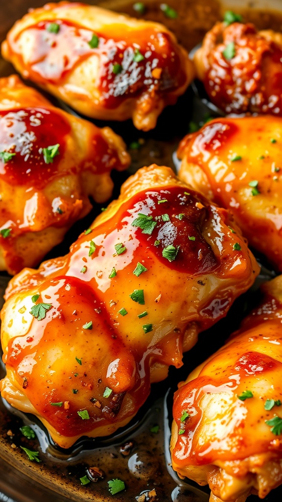 A close-up of crispy honey garlic chicken thighs garnished with parsley.