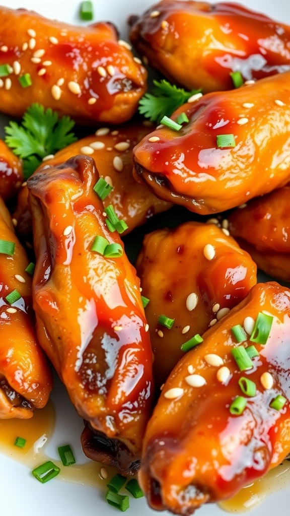 Delicious crispy honey garlic chicken wings garnished with green onions and sesame seeds