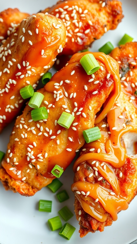 Crispy Honey Sesame Chicken Tenders topped with sauce and sesame seeds