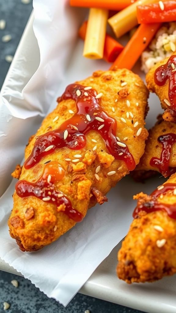 A plate of Crispy Honey Sesame Chicken Tenders drizzled with sauce and served with colorful vegetables.