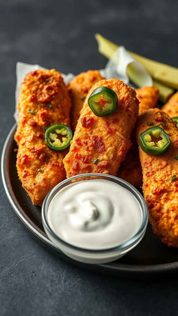 Crispy jalapeño popper chicken tenders with a side of creamy dipping sauce.