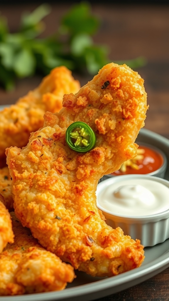 A close-up of crispy jalapeño popper chicken tenders with a slice of jalapeño on top and dipping sauces