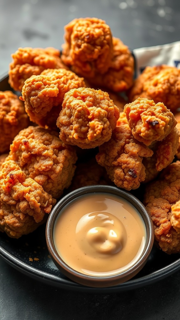 A plate of crispy chicken karaage served with a bowl of spicy mayo dip