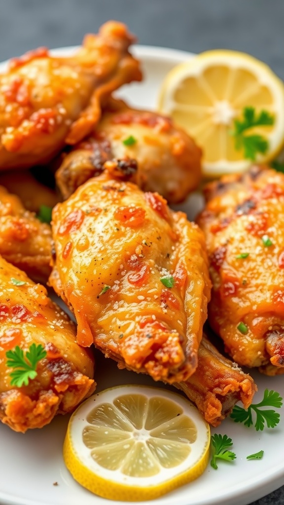 A plate of crispy lemon pepper air fryer chicken wings garnished with lemon slices and parsley.