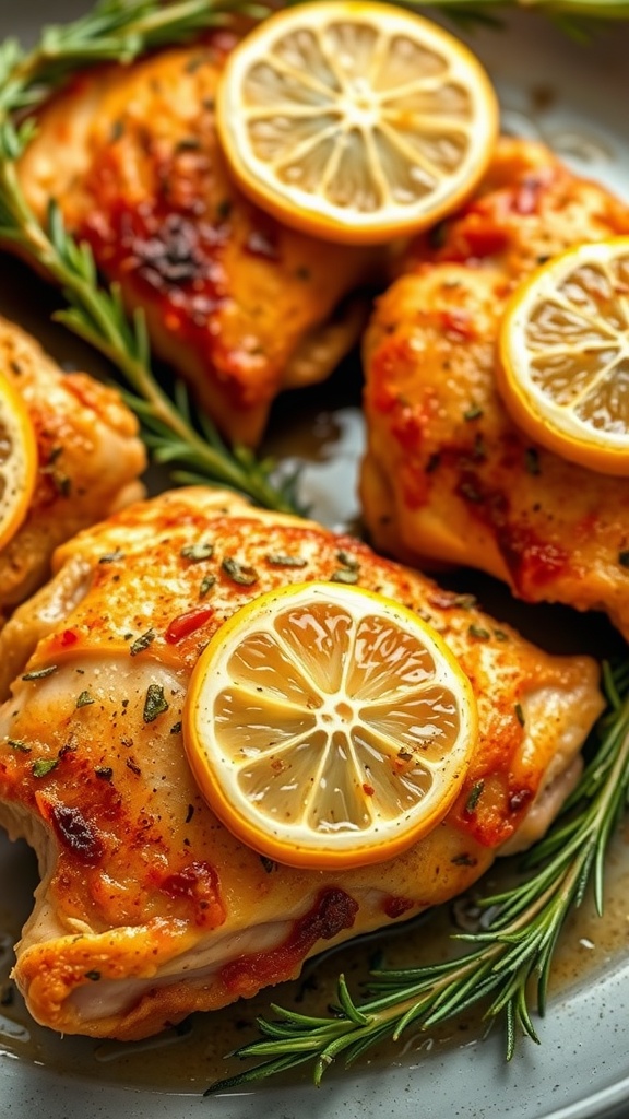 Crispy chicken thighs topped with lemon slices and rosemary