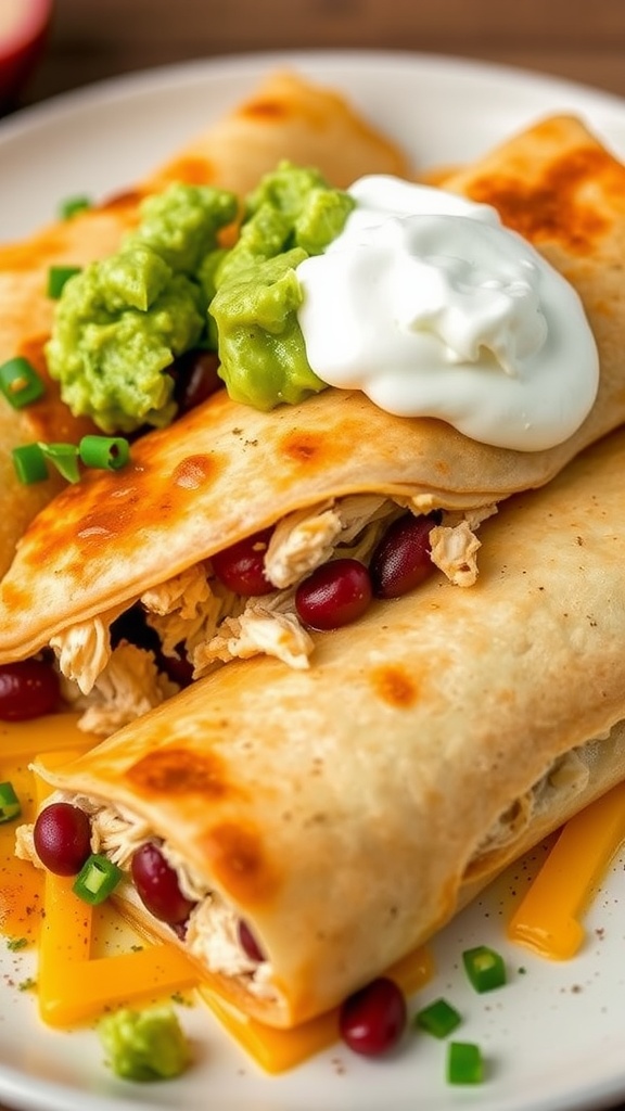 Plate of crispy oven-baked chicken chimichangas topped with guacamole and sour cream