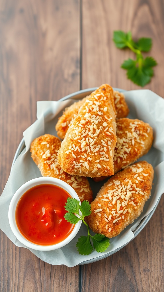 A plate of crispy panko-crusted coconut chicken tenders with Thai chili sauce