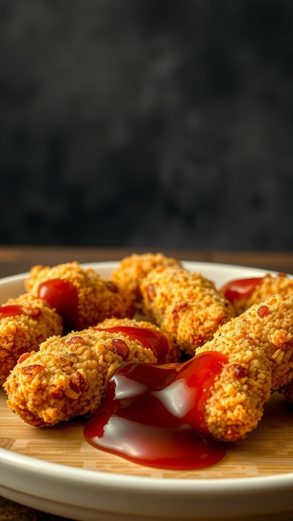 Plate of crispy panko chicken katsu with Tonkatsu sauce